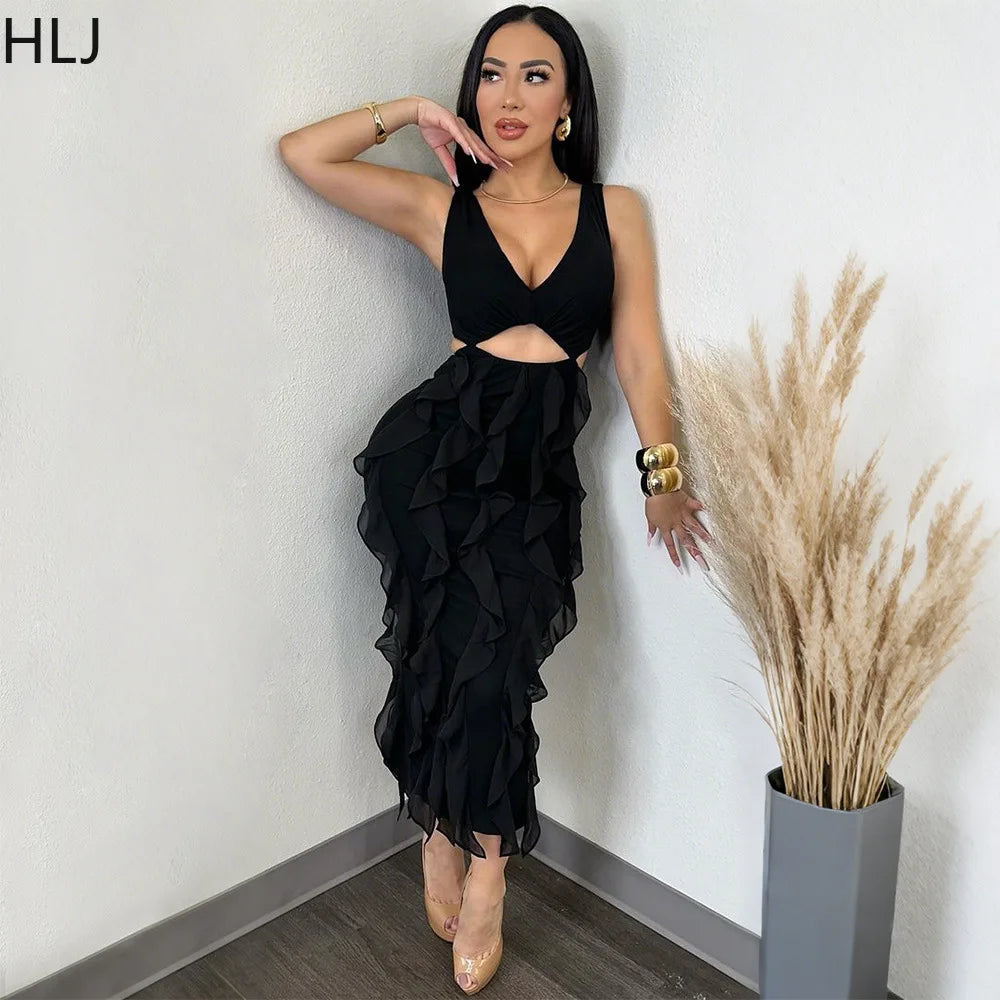 Summer New Sexy Hollow Out Bodycon Long Dress Women Deep V-neck Tassel
