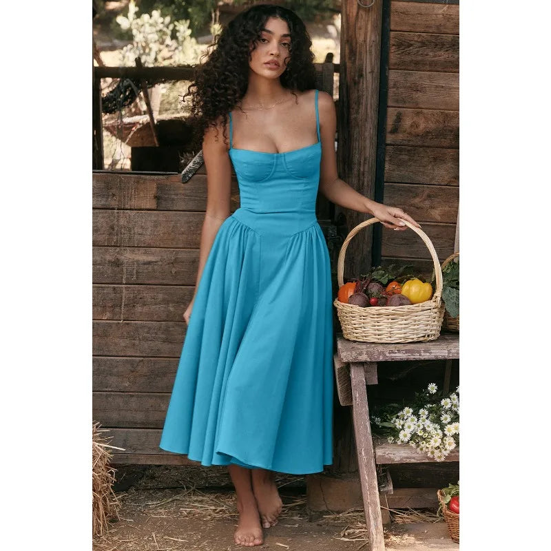 Solid Color Strap French Retro Dress Sleeveless Long Maxi Dresses