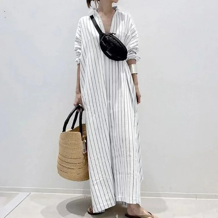 Summer New Women's Robe Fashion Stripe Single Breasted Shirt Loose Casual Style Elegant Women's Cotton and Hemp Long Dress
