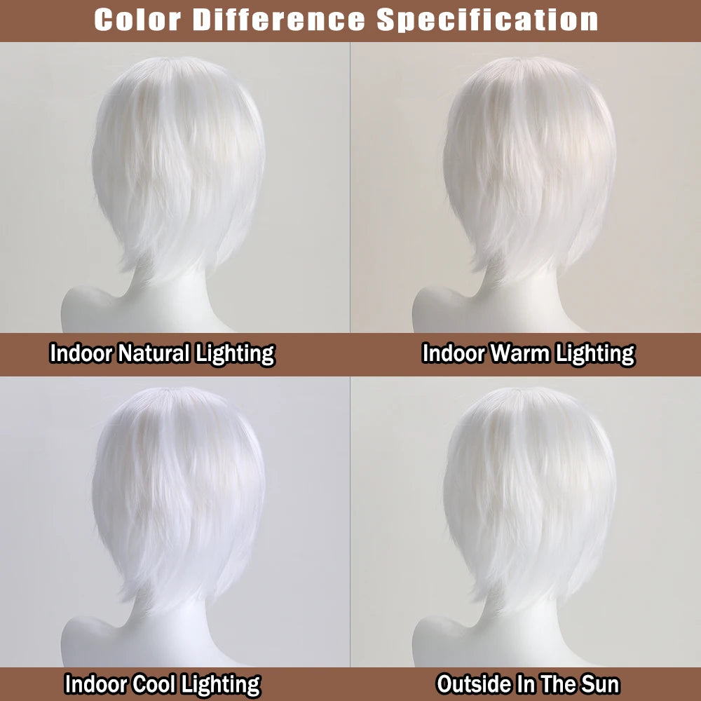 10 Inch Synthetic Wigs Pure White Short Curly Wig Anime Hatter for Cosplay Halloween Costume Party