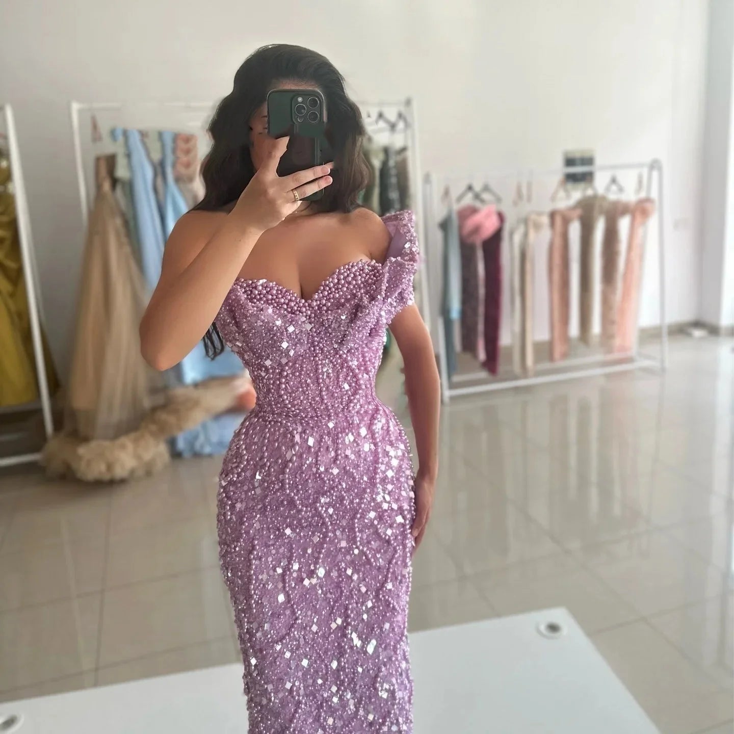 Sweetheart Neck One Shoulder Gown Beaded Sequins Floor Length Dress Party Customized