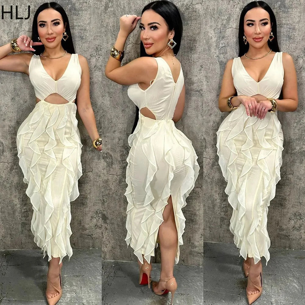 Summer New Sexy Hollow Out Bodycon Long Dress Women Deep V-neck Tassel