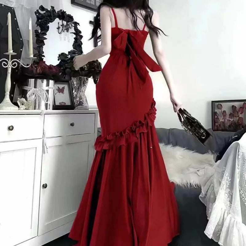 Maxi Dress for Women Summer Tunic Temperament Robe Femme 2025 Vestidos De Mujer Ruffles Bandage Bow Backless Bodycon Dresses