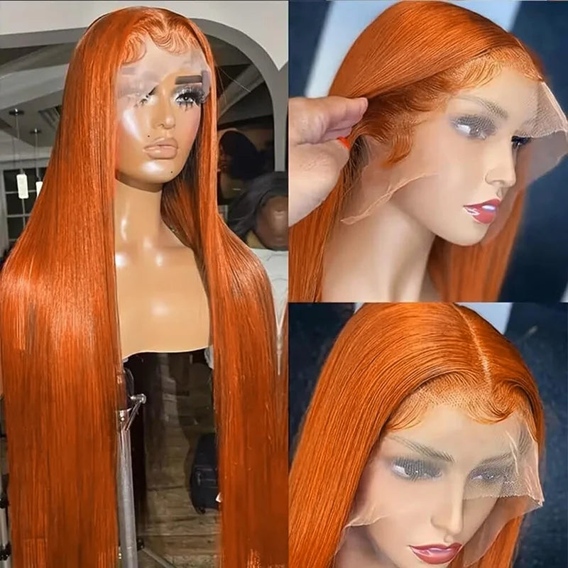 13x6 Orange Ginger Bone Straight Lace Front Wigs Human Hair 38 Inch Transparent 13x4 Lace Frontal Wig Pre Plucked For Women