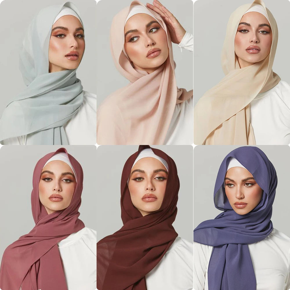 Fashion Pearl Chiffon Hijab Shawls of Muslim Women Solid Color Head Wraps Scarf