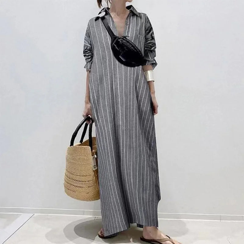 Summer New Women's Robe Fashion Stripe Single Breasted Shirt Loose Casual Style Elegant Women's Cotton and Hemp Long Dress
