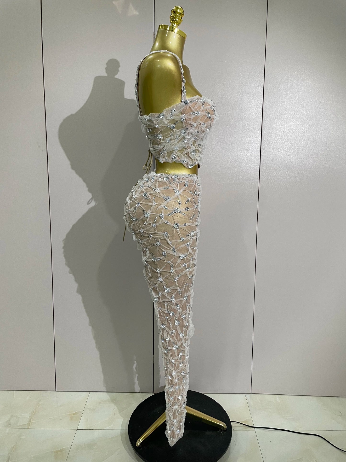 Sexy Sparkly Diamonds Splicing Lace Halter Top+Long Pants Two Piece Set Women Celebrate Birthday Dancer Nightclub Stage Costume