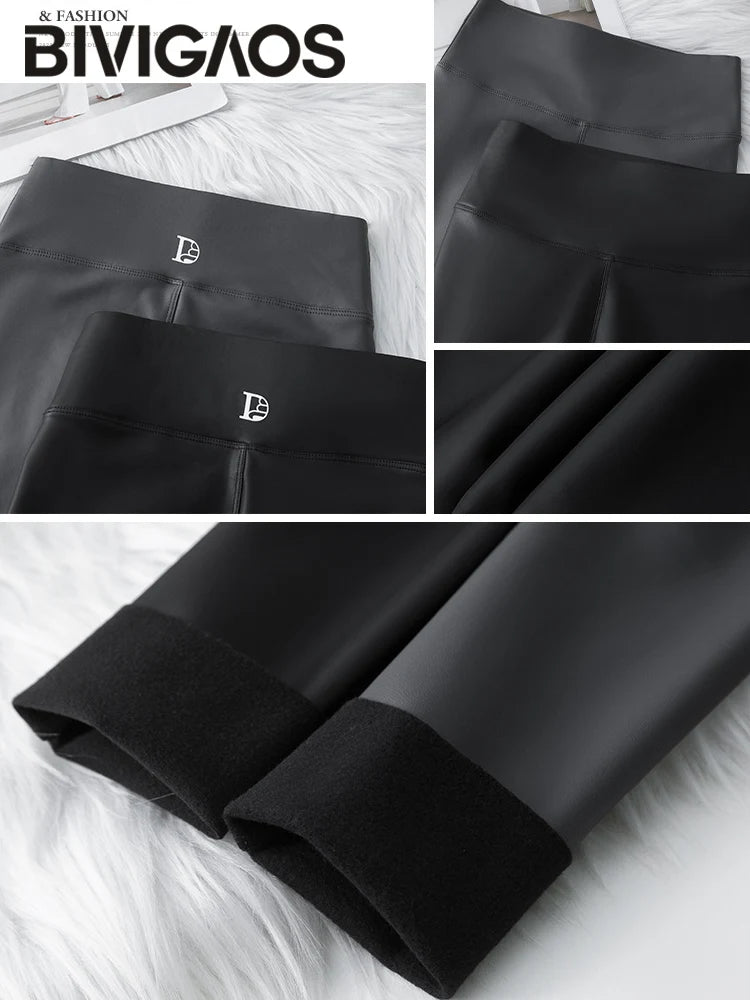 BIVIGAOS 2025 Fall Winter Baby PU Leather Leggings High Waist Elastic Slim Tight Sexy Leather Pants Thin Fleece Warm leggings