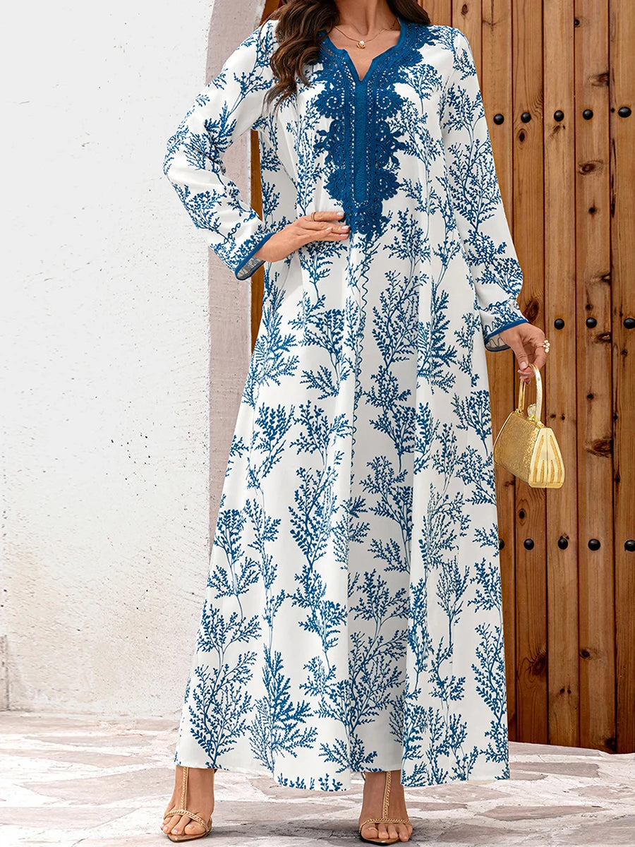 Elegant Floral Print Abaya Dress with Long Sleeves and Flowy Robe for Women Perfect for Prayer and Dubai Jilbab Style