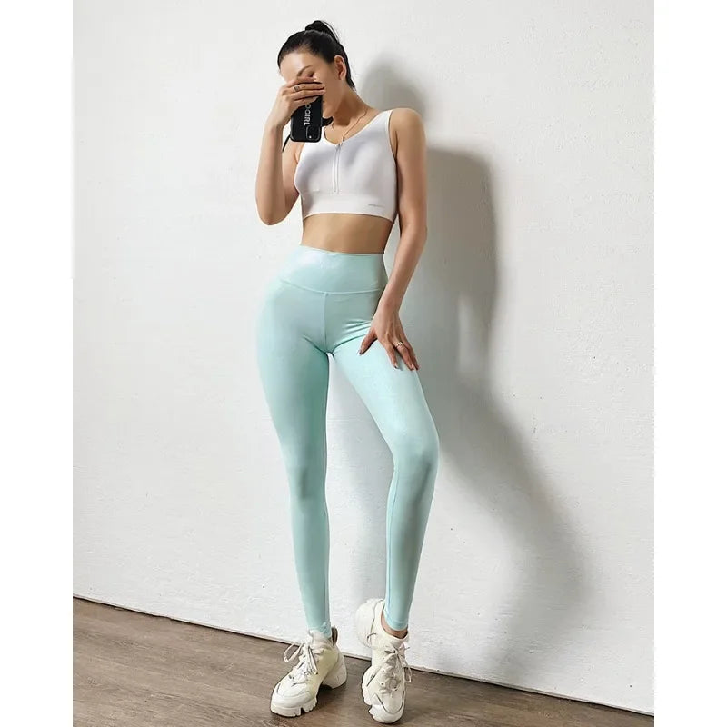 Women Sexy Glossy Leggings Seamless Slim Yoga Leggings High Waist Butt Lift