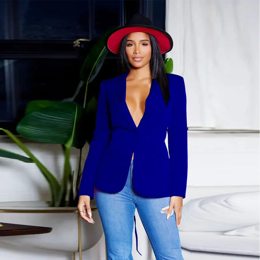 Women Suit Coat Single Button Lapel Deep V Neck Blazer Solid Color Formal Business