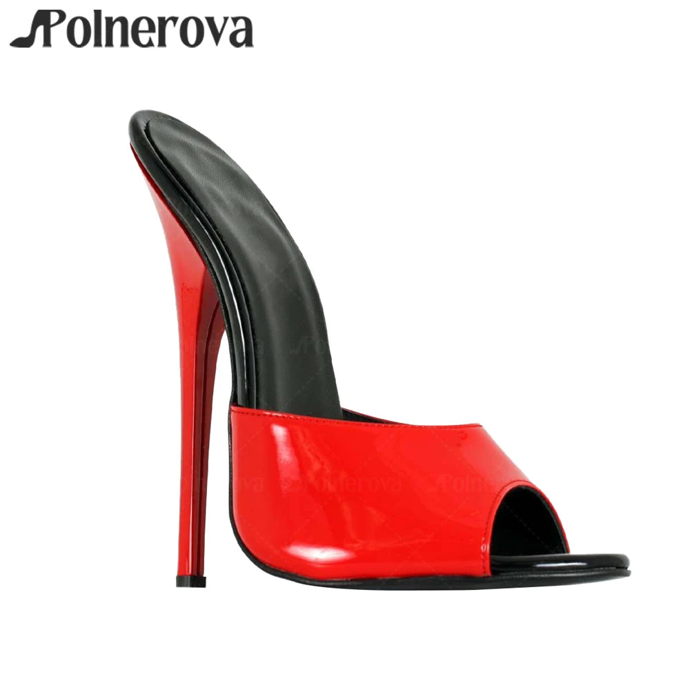 16cm Black Red Patent Leather Mules Sexy Slippers Lacquered Empire High Heel Summer Stilettos for Women