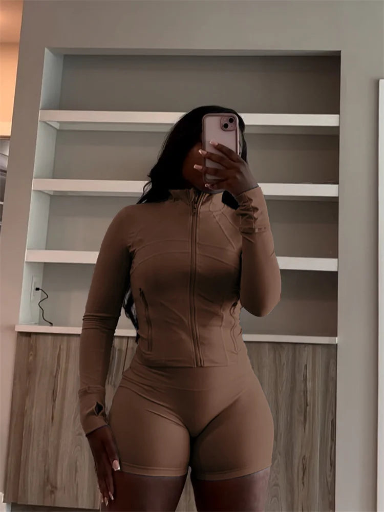 Bodycon Zipper Crop Top Women Tracksuits Sets+Trousers Women Black Gray 2 Two Pieces Matching Leggings Shorts Suits