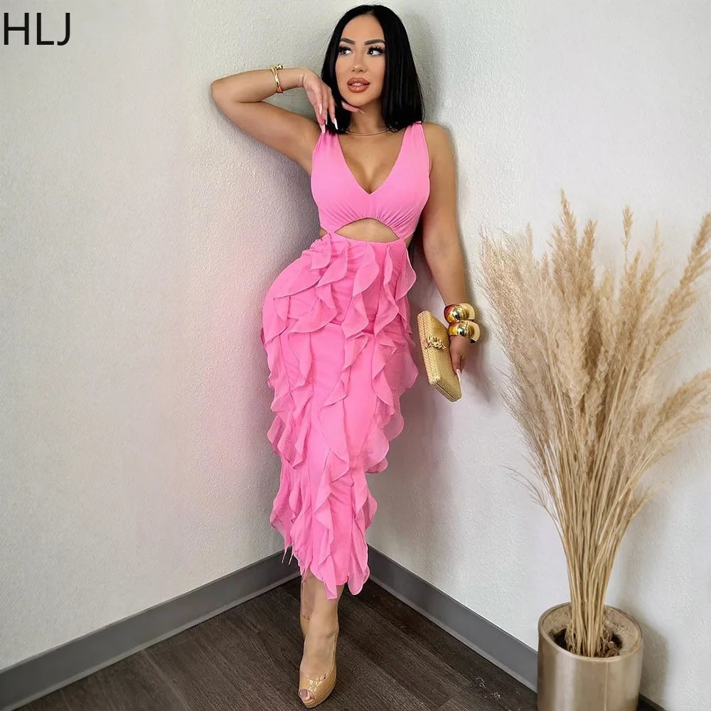 Summer New Sexy Hollow Out Bodycon Long Dress Women Deep V-neck Tassel