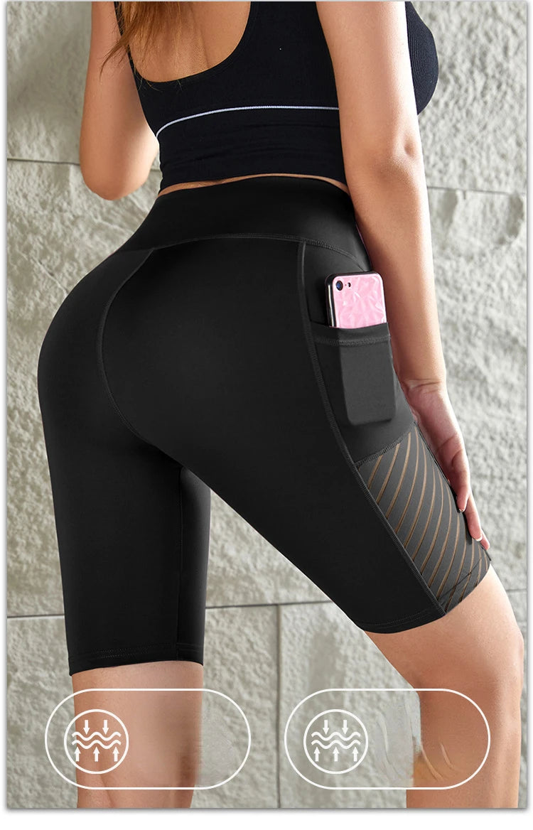 Women Mesh Shorts with Pocket Seamless Slim Leggings Gym Workout Sports Shorts