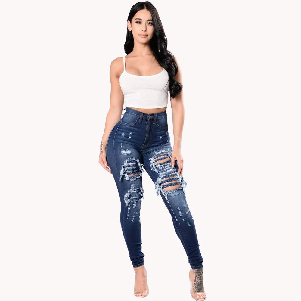 High Waist Ripped Jeans Skinny Denim Pencil Pants Casual Slim Trousers