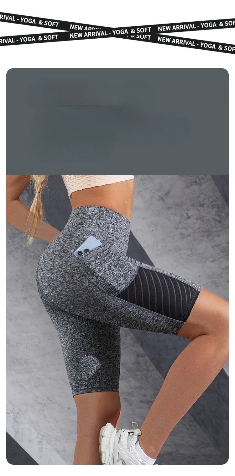 Women Mesh Shorts with Pocket Seamless Slim Leggings Gym Workout Sports Shorts
