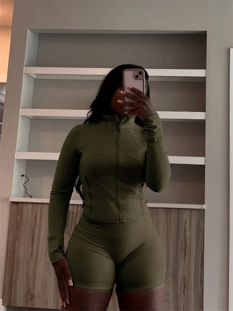 Bodycon Zipper Crop Top Women Tracksuits Sets+Trousers Women Black Gray 2 Two Pieces Matching Leggings Shorts Suits