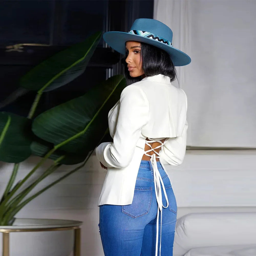 Women Suit Coat Single Button Lapel Deep V Neck Blazer Solid Color Formal Business