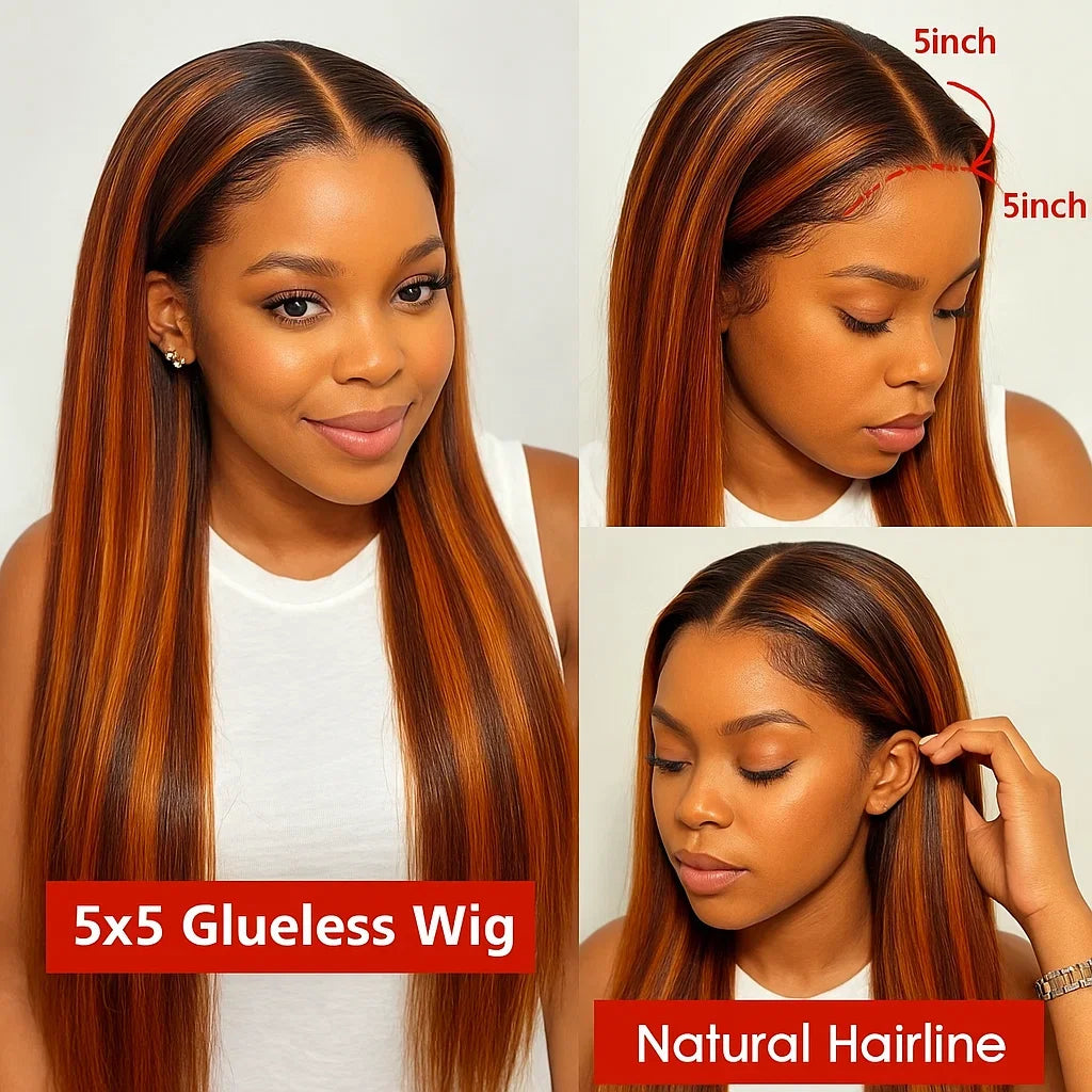 #4/350  Color Brown Mix Ginger Highlight Lace Closure Wig 5x5 Bone Straight Wear Go Glueless Wigs Human Hair Brazilain