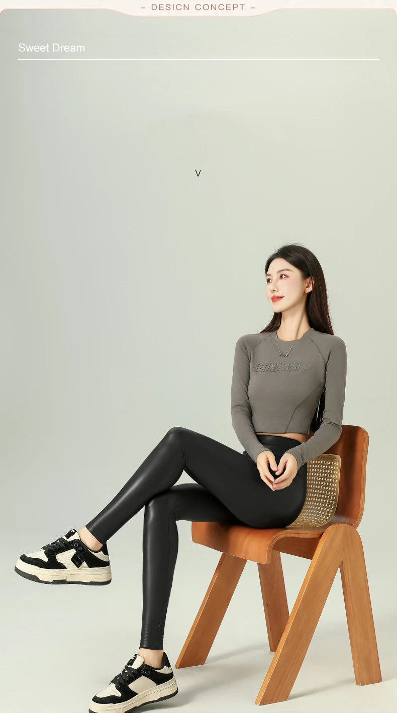 BIVIGAOS 2025 Fall Winter Baby PU Leather Leggings High Waist Elastic Slim Tight Sexy Leather Pants Thin Fleece Warm leggings