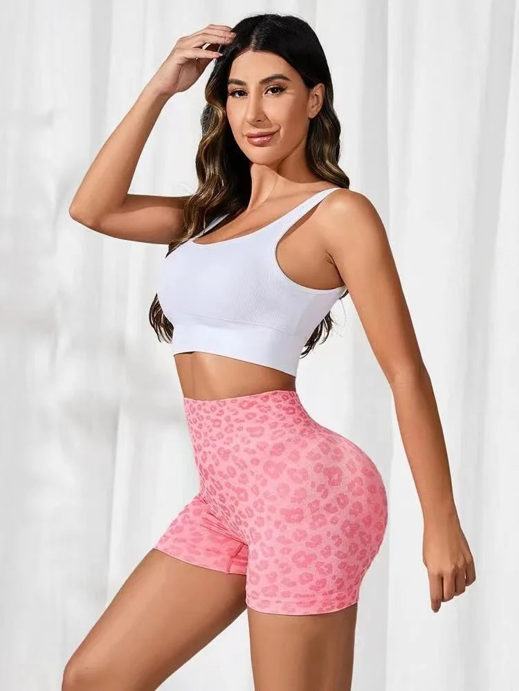 Leopard Print Pleated High Waisted and Hip Lifting Yoga Shorts for Women