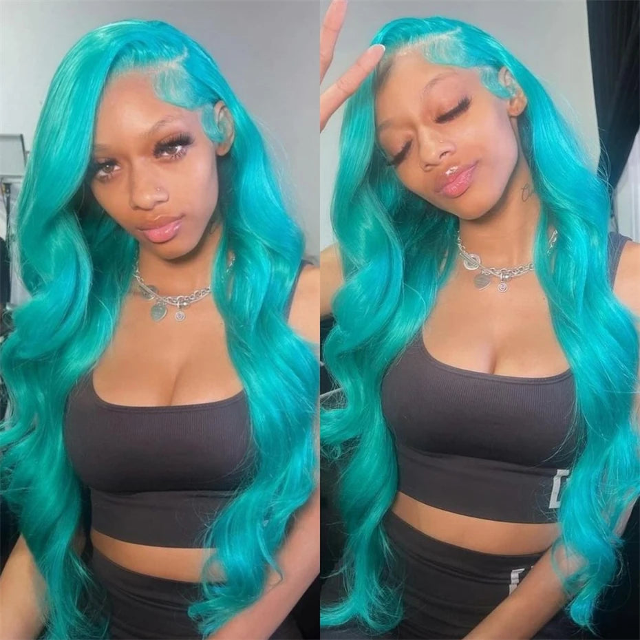 13x6 Teal Ocean Blue Lace Front Wig Human Hair Body Wave 613 Blonde Lace Frontal Wig Preplucked Mint Green Color Human Hair Wigs