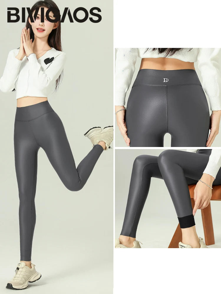 BIVIGAOS 2025 Fall Winter Baby PU Leather Leggings High Waist Elastic Slim Tight Sexy Leather Pants Thin Fleece Warm leggings