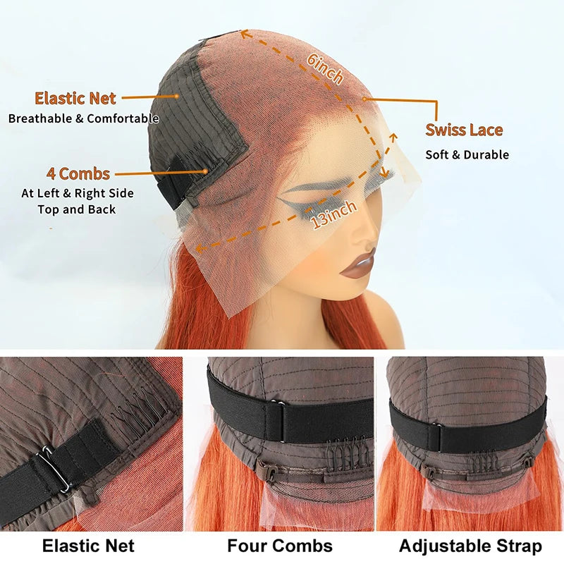 13x6 Orange Ginger Bone Straight Lace Front Wigs Human Hair 38 Inch Transparent 13x4 Lace Frontal Wig Pre Plucked For Women