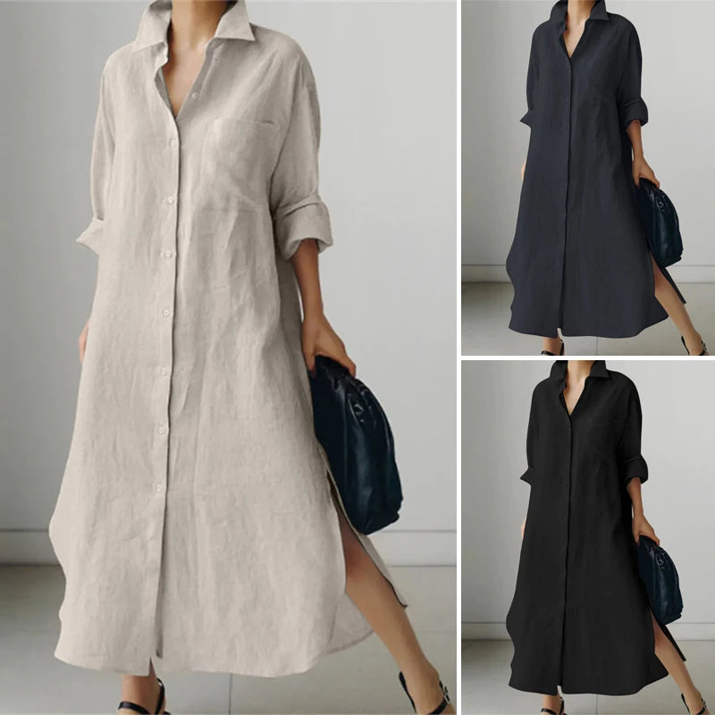 ZANZEA Women Dress Long Sleeve Solid Shirt Sundress Lapel Neck Buttons Vestidos