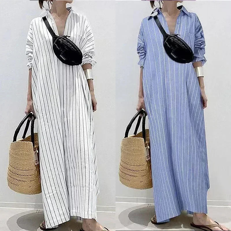 Summer New Women's Robe Fashion Stripe Single Breasted Shirt Loose Casual Style Elegant Women's Cotton and Hemp Long Dress