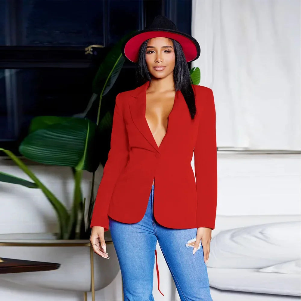Women Suit Coat Single Button Lapel Deep V Neck Blazer Solid Color Formal Business