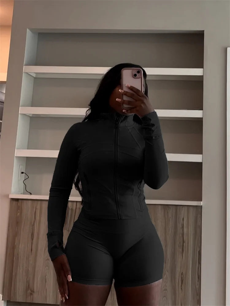 Bodycon Zipper Crop Top Women Tracksuits Sets+Trousers Women Black Gray 2 Two Pieces Matching Leggings Shorts Suits