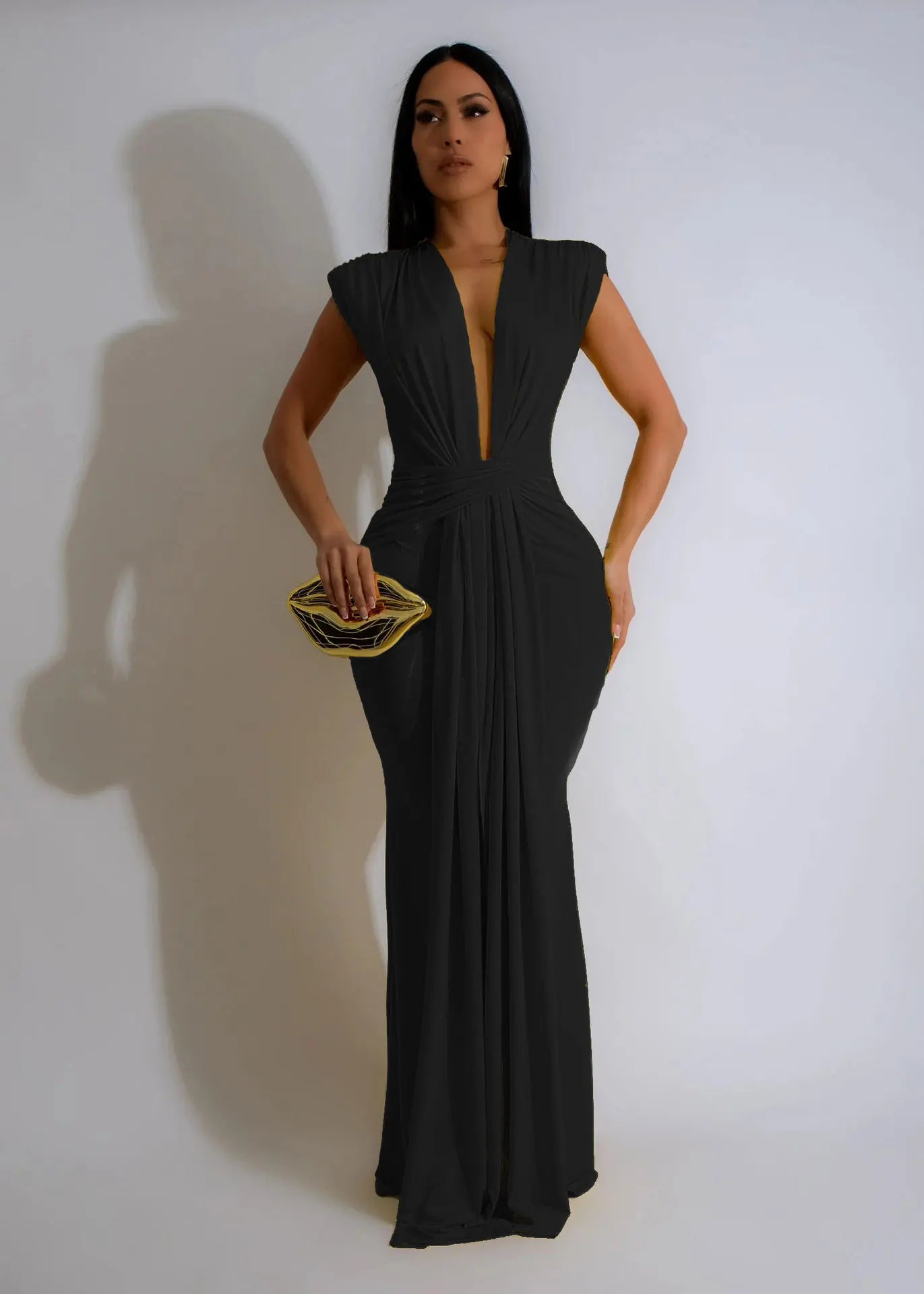 Dress Women Long Dresses Deep V Neck Sleeveless Solid Slim Fit Tight Waist Sexy Elegant