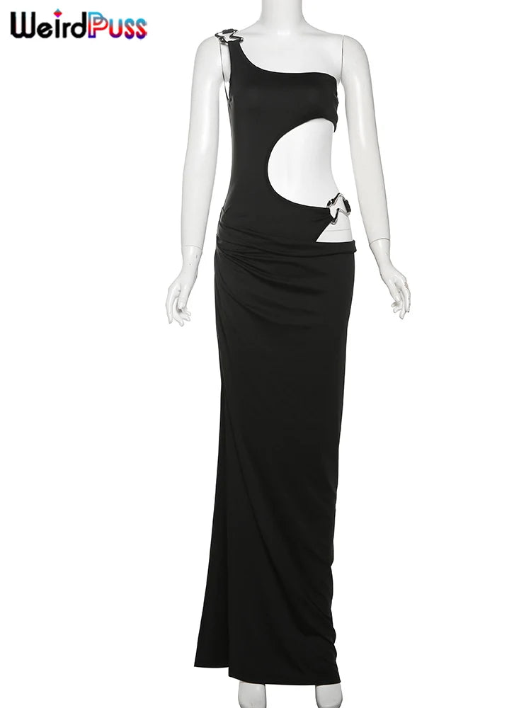 Metal Buckle Dress Hollow Split One Shoulder Skinny Ruched Waistless Midnight Clubwear Maxi Bodycon