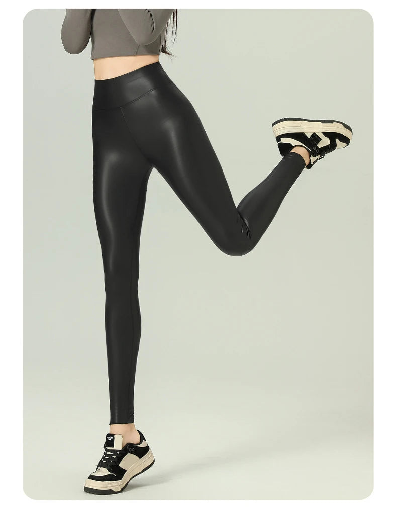 BIVIGAOS 2025 Fall Winter Baby PU Leather Leggings High Waist Elastic Slim Tight Sexy Leather Pants Thin Fleece Warm leggings