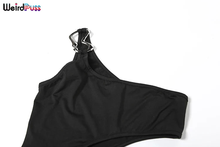 Metal Buckle Dress Hollow Split One Shoulder Skinny Ruched Waistless Midnight Clubwear Maxi Bodycon