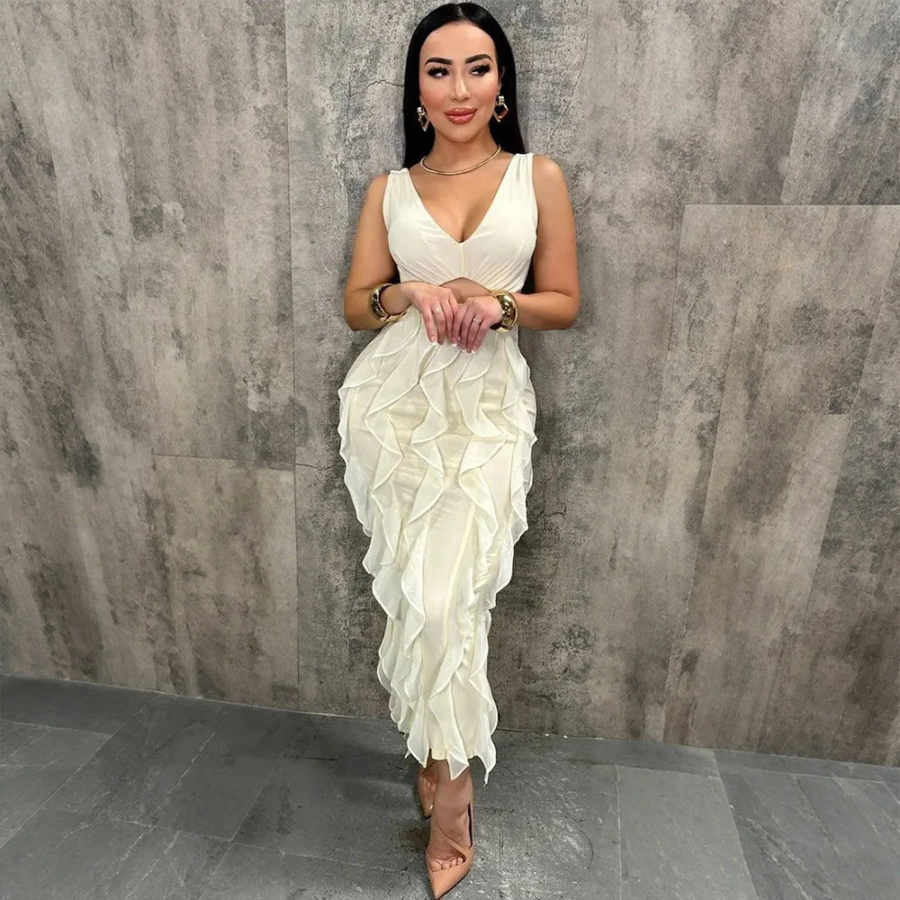 Summer New Sexy Hollow Out Bodycon Long Dress Women Deep V-neck Tassel