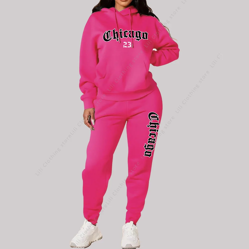 Women's Sets Hoodies Pants 2 Piece Outfits Aesthetic Sportswear Sweatsuit Chicago Graphic Letter Print Plus Size Pink Tracksuit