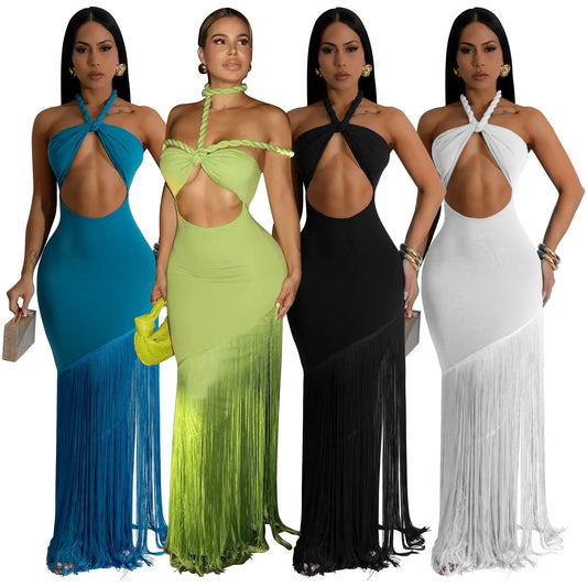 Summer Trendy Tassel Splice Wrap Dress Empire Waist Ankle-Length