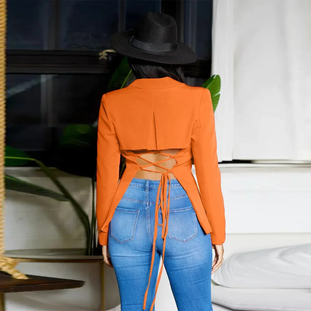 Women Suit Coat Single Button Lapel Deep V Neck Blazer Solid Color Formal Business