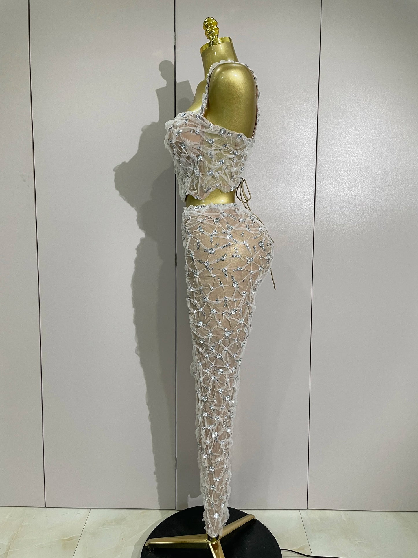 Sexy Sparkly Diamonds Splicing Lace Halter Top+Long Pants Two Piece Set Women Celebrate Birthday Dancer Nightclub Stage Costume