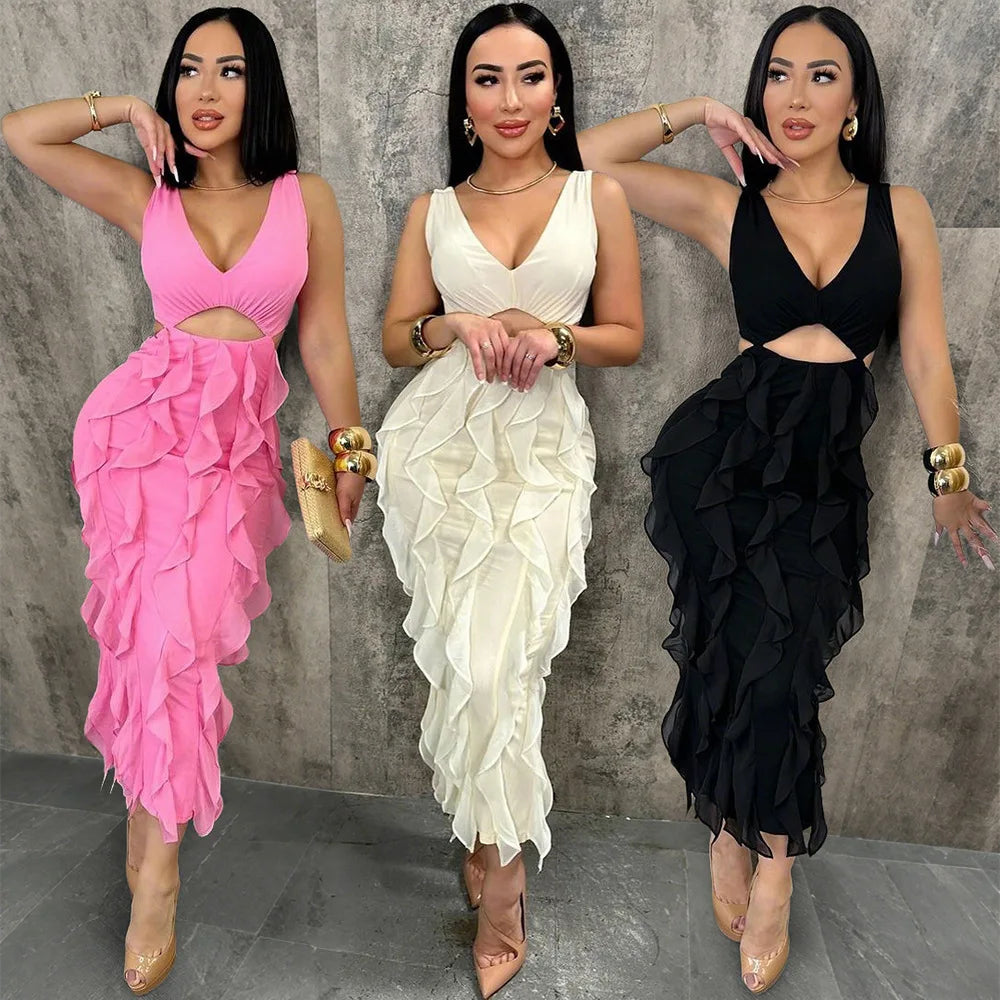 Summer New Sexy Hollow Out Bodycon Long Dress Women Deep V-neck Tassel