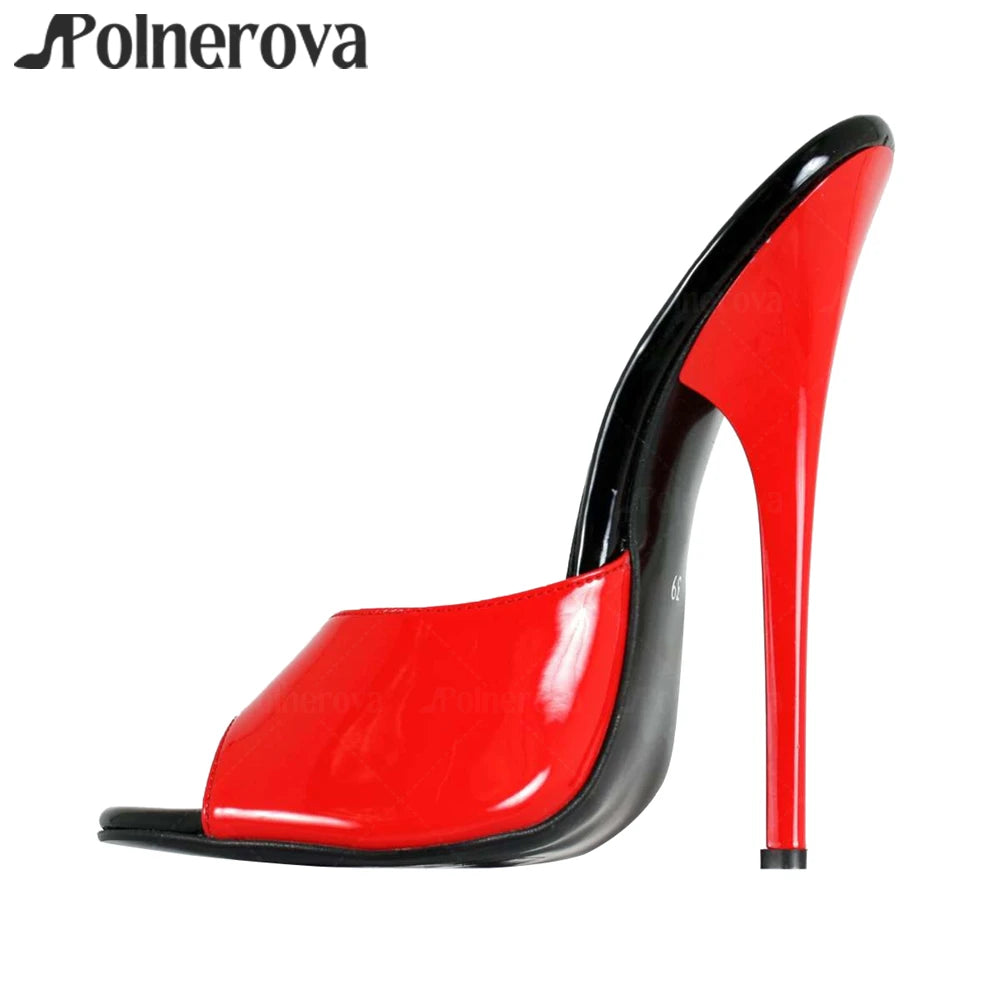 16cm Black Red Patent Leather Mules Sexy Slippers Lacquered Empire High Heel Summer Stilettos for Women