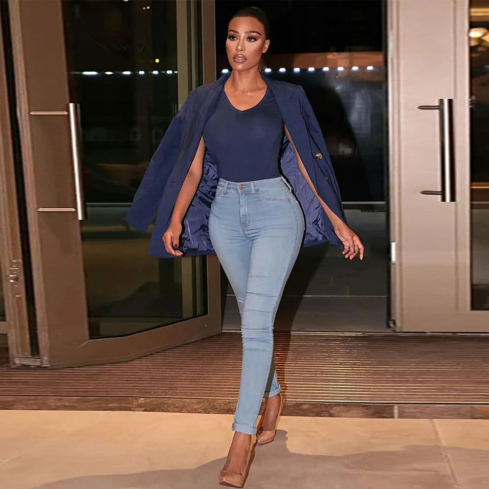 Stretch Skinny Denim Women's Jeans Mid Waist Pants Blue Retro Washed Elastic Slim Pencil