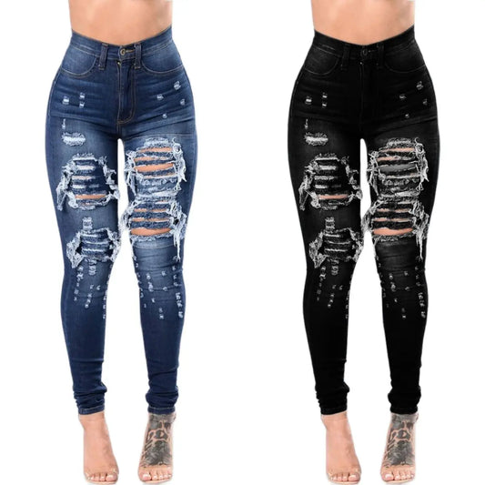High Waist Ripped Jeans Skinny Denim Pencil Pants Casual Slim Trousers