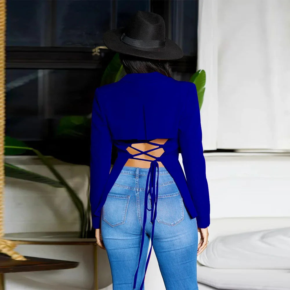 Women Suit Coat Single Button Lapel Deep V Neck Blazer Solid Color Formal Business