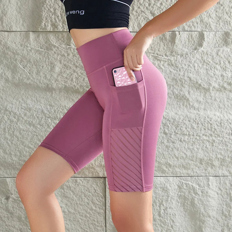 Women Mesh Shorts with Pocket Seamless Slim Leggings Gym Workout Sports Shorts