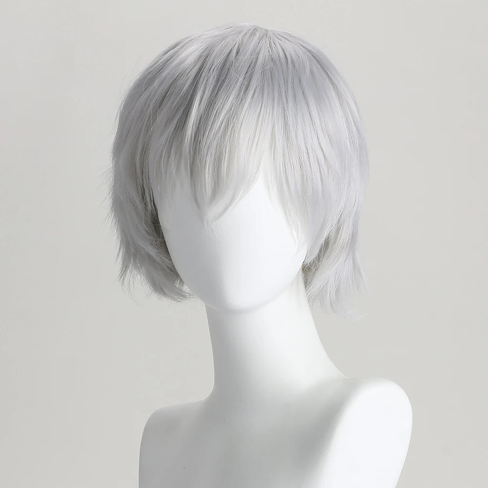 10 Inch Synthetic Wigs Pure White Short Curly Wig Anime Hatter for Cosplay Halloween Costume Party