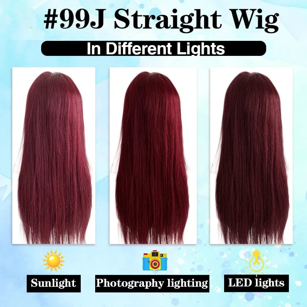 13x6 Red Straight HD Lace Front Wig Pre-Plucked Glueless Long Straight 99j Burgundy Synthetic Lace Front Wigs For Black Women